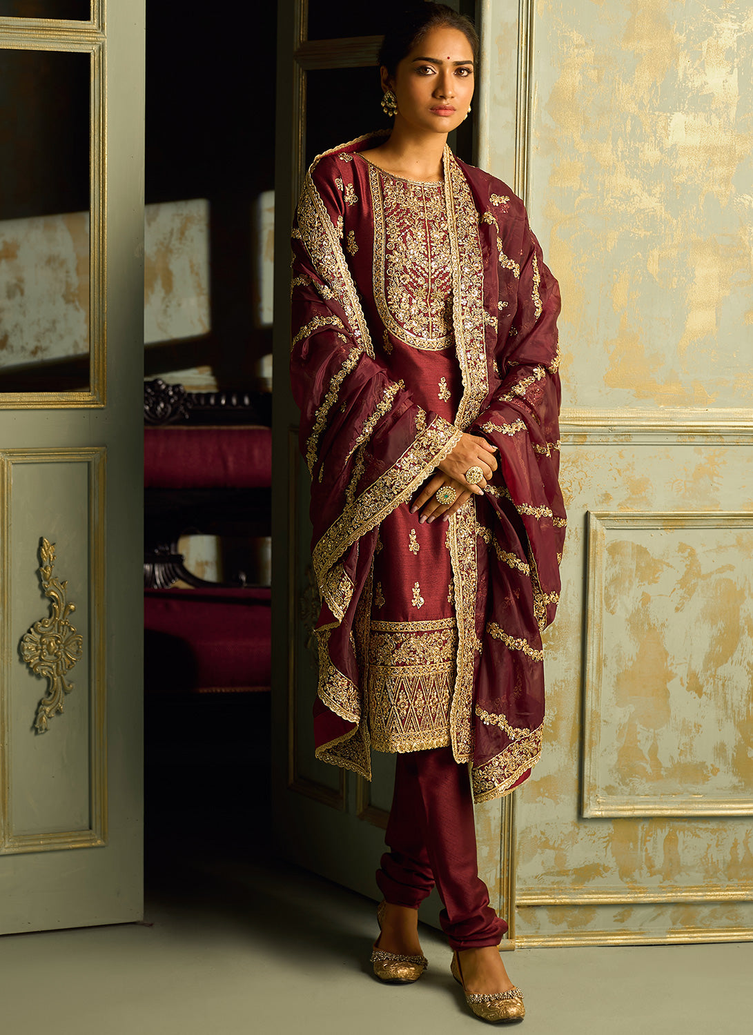 Maroon and Gold Embroidered Straight Suit