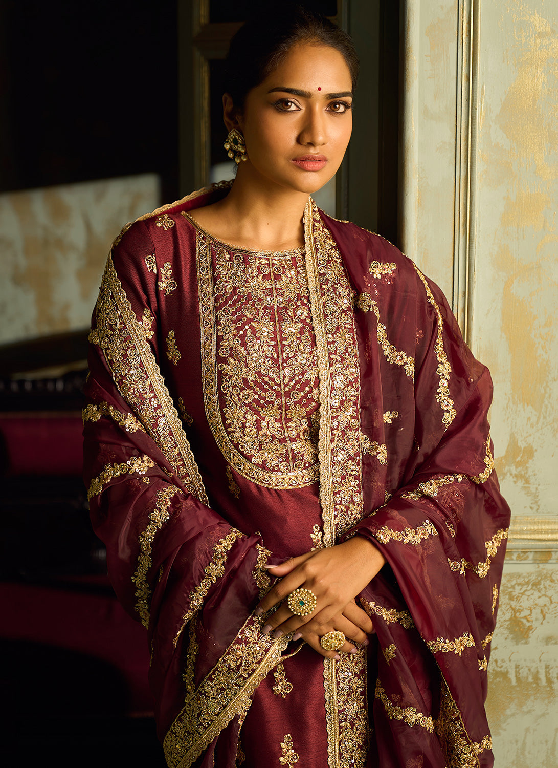 Maroon and Gold Embroidered Straight Suit