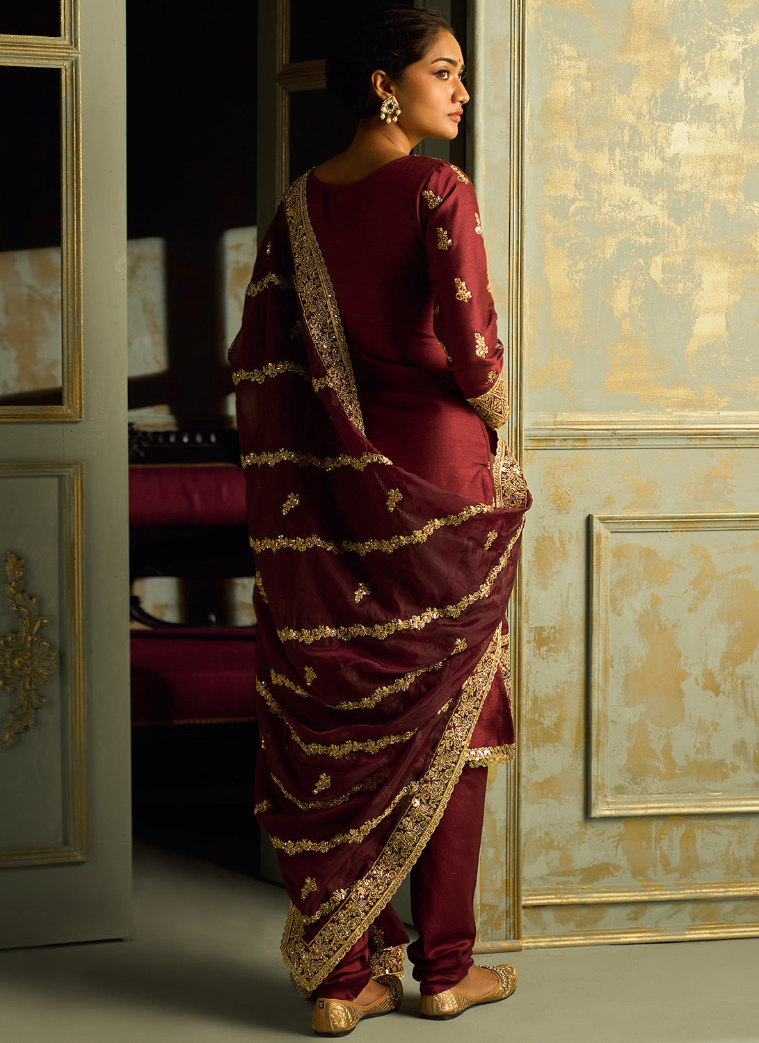 Maroon and Gold Embroidered Straight Suit