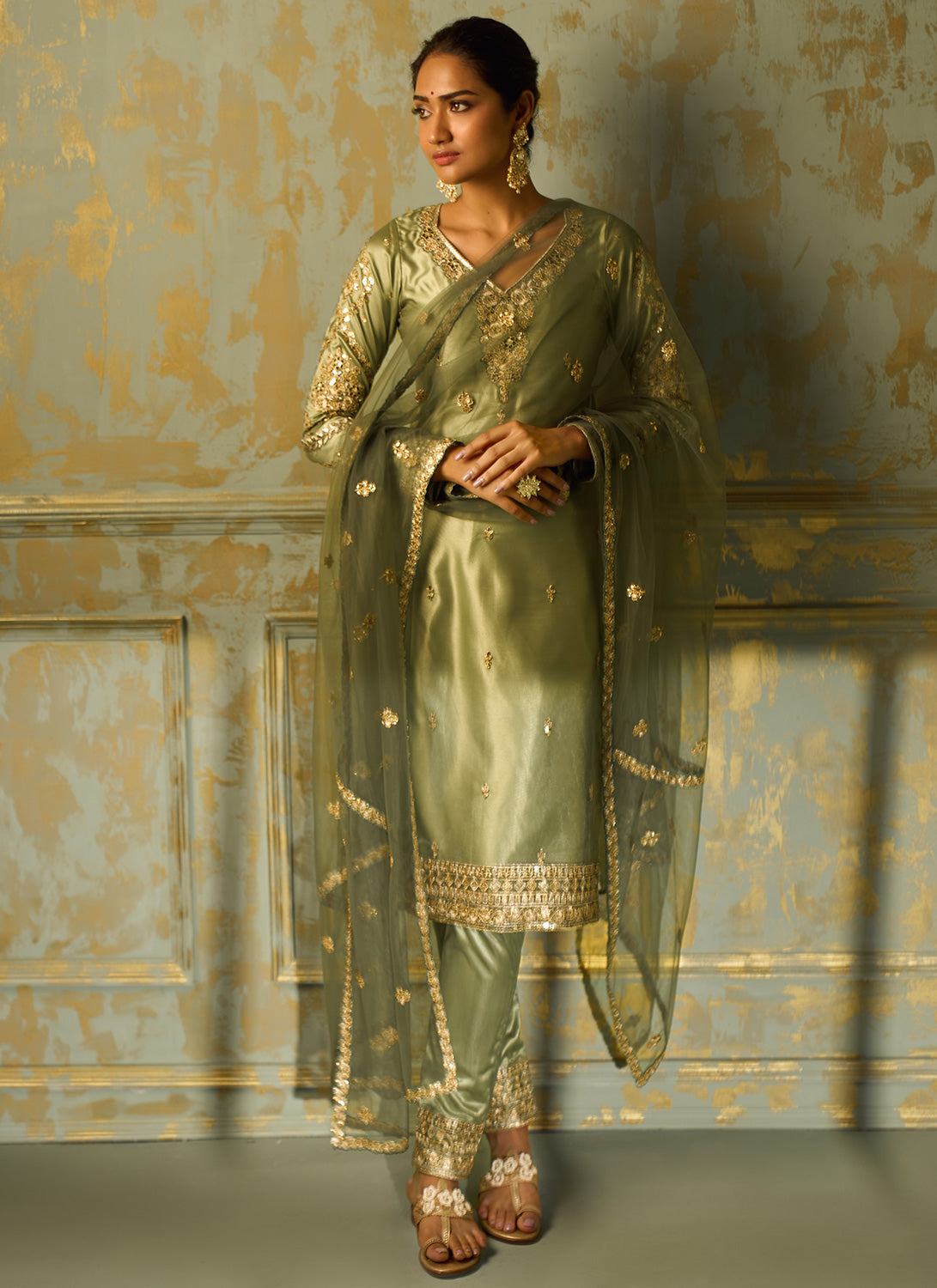 Dusty Olive Embroidered Straight Suit