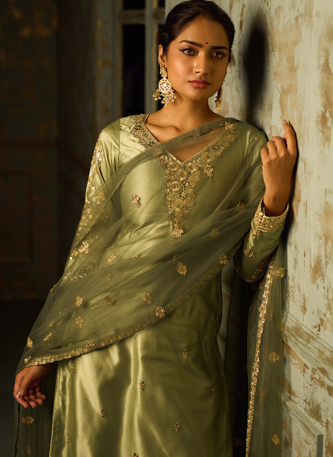 Dusty Olive Embroidered Straight Suit