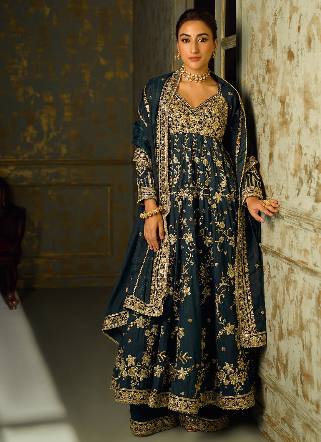 Dark Teal and Gold Embroidered Anarkali