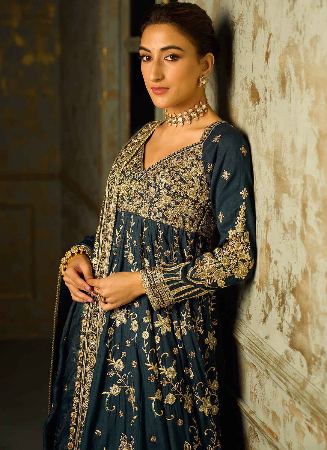 Dark Teal and Gold Embroidered Anarkali