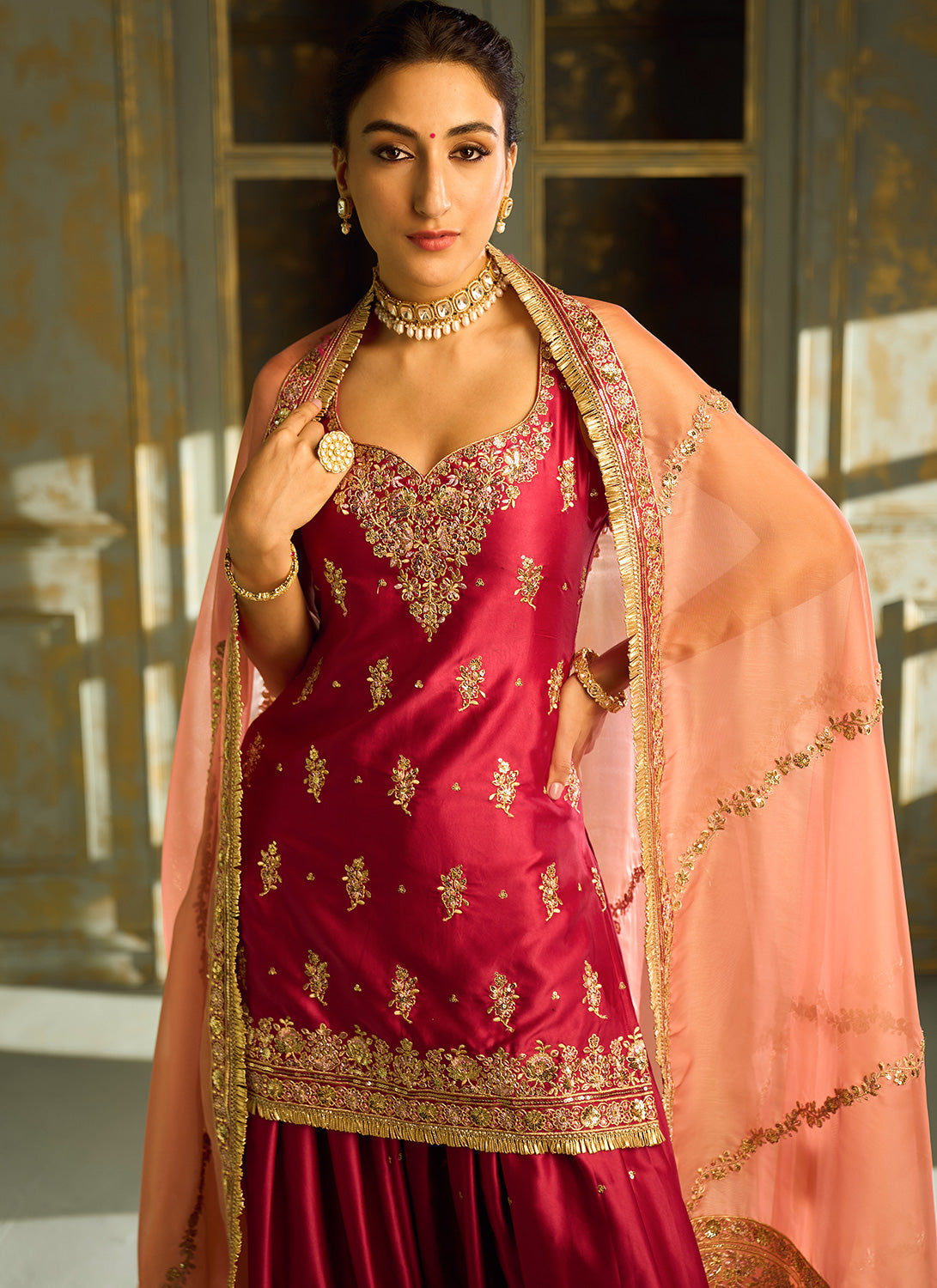 Pink Embroidered Sharara Suit