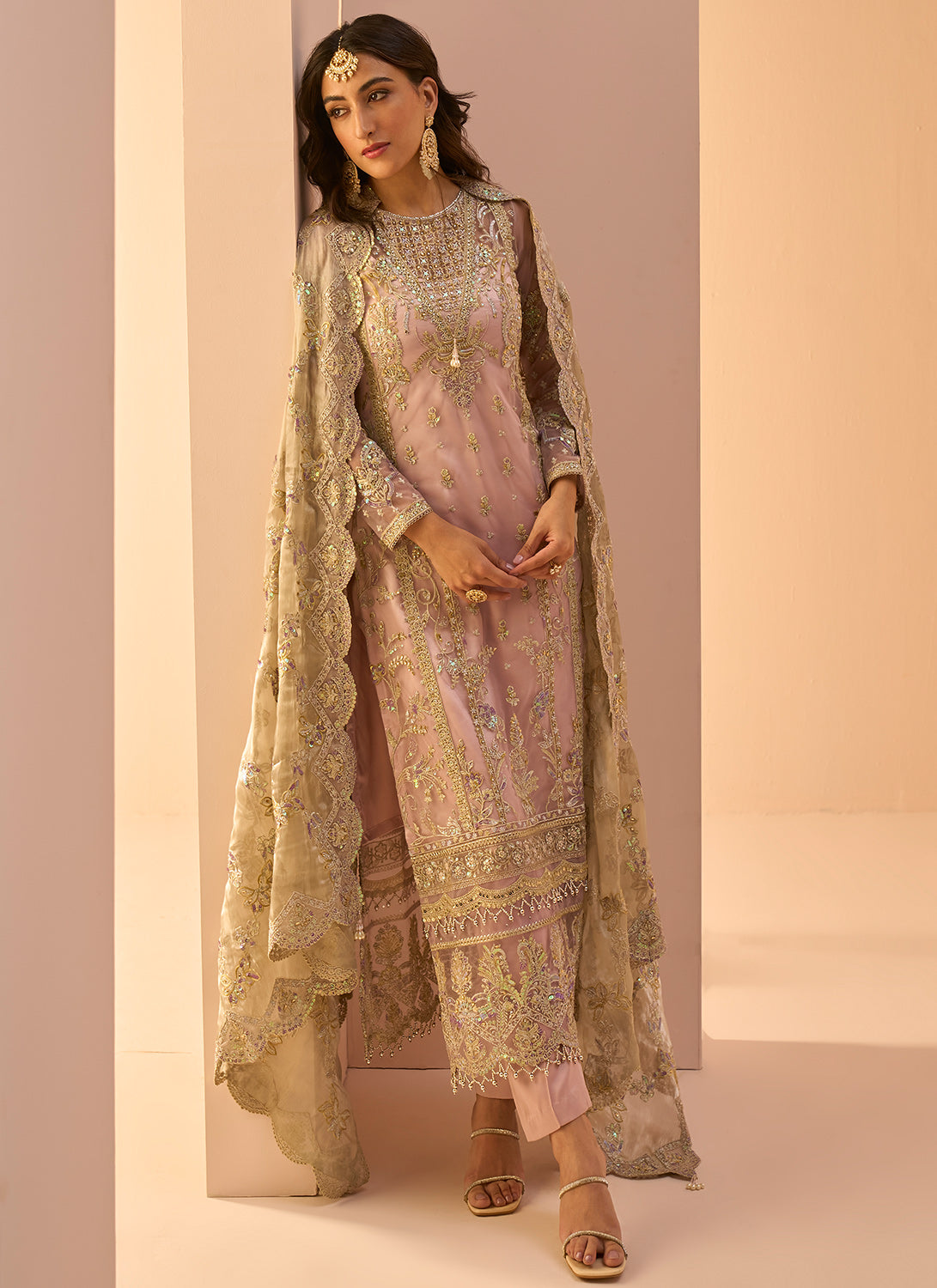 Dusty Pink Embroidered Straight Suit
