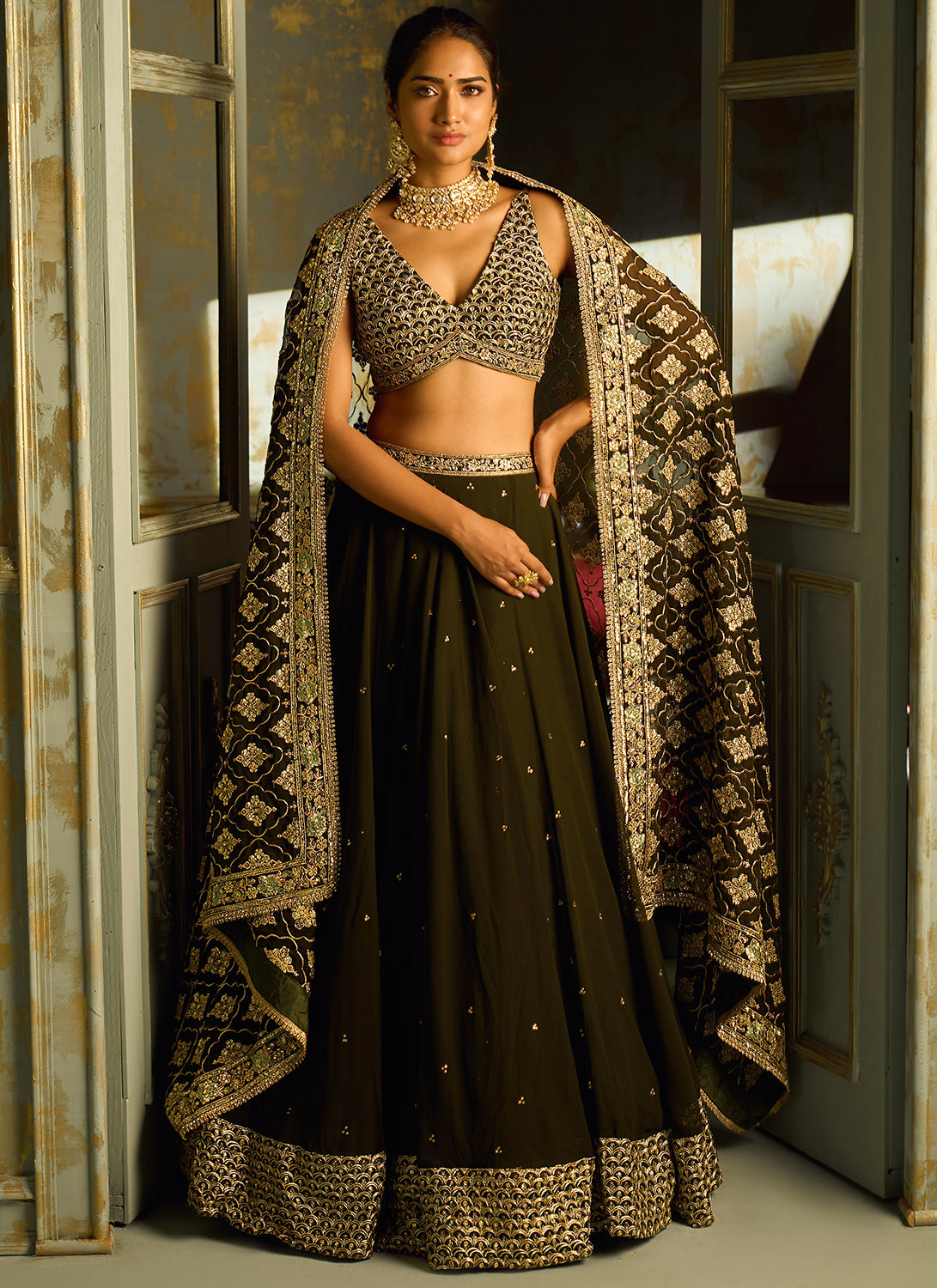 Dark Green Embroidered Lehenga