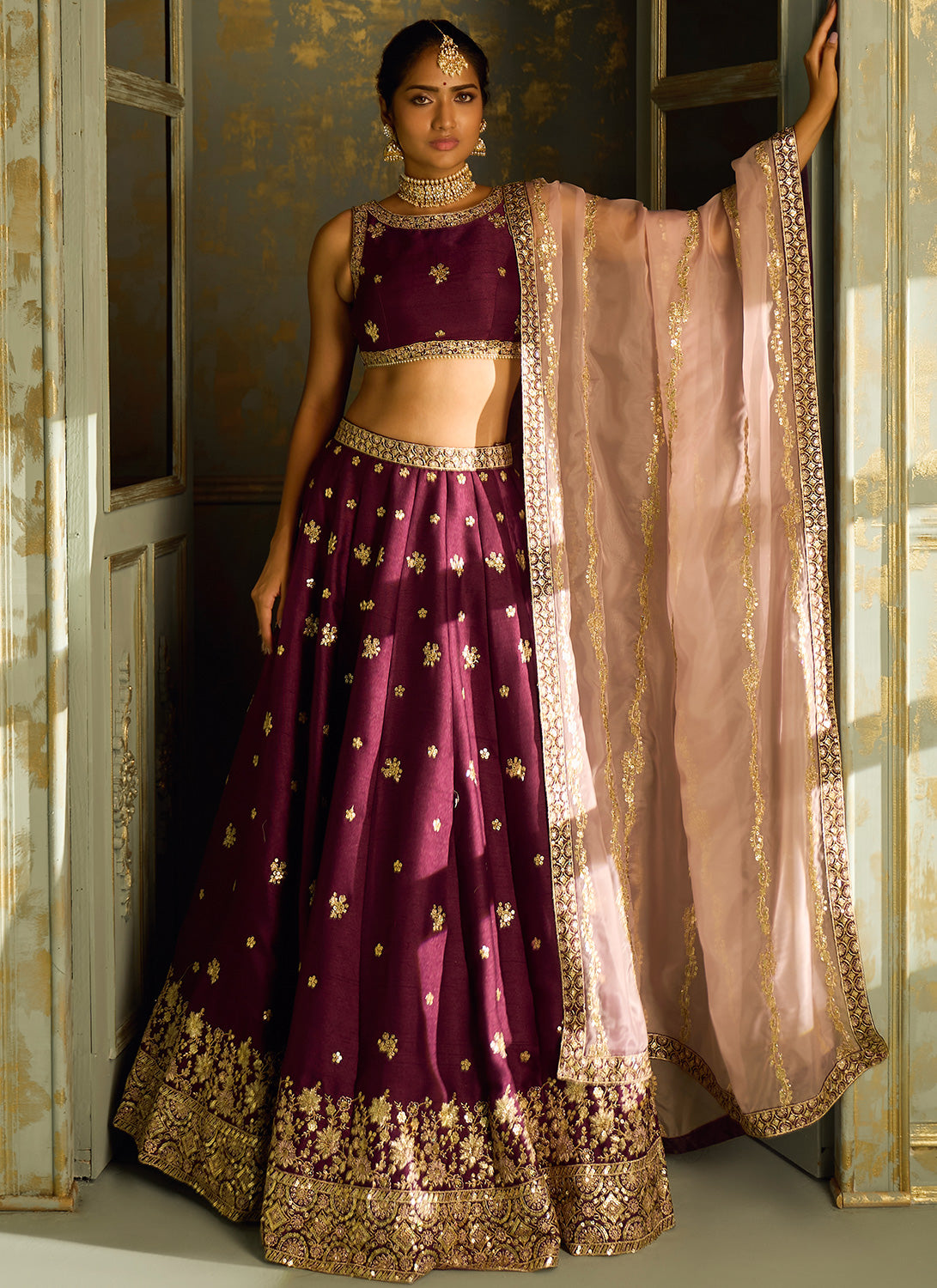 Purple and Gold Embroidered Lehenga