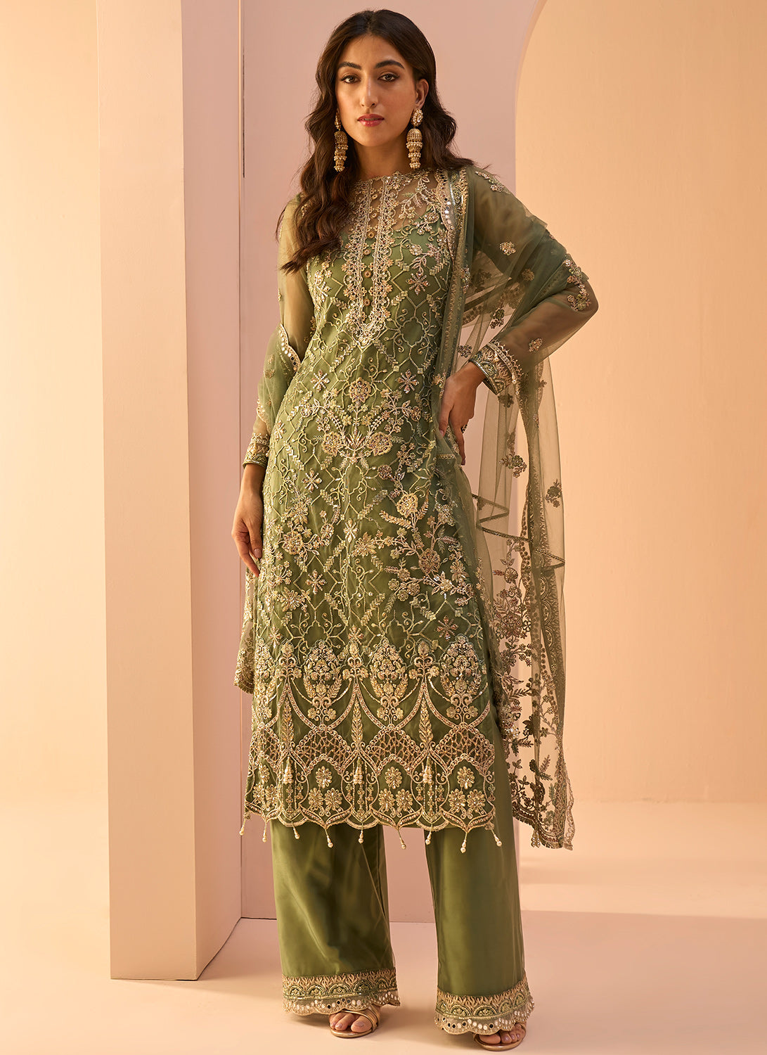 Dusty Green Embroidered Palazzo Suit