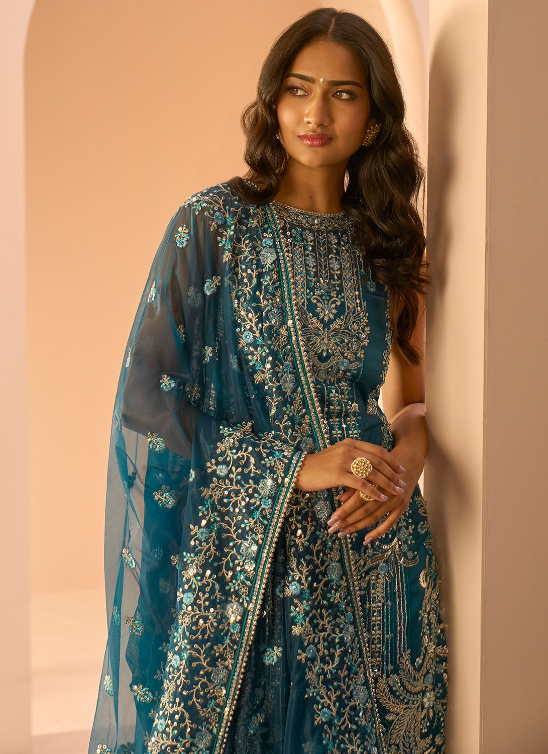 Dark Teal Embroidered Straight Suit