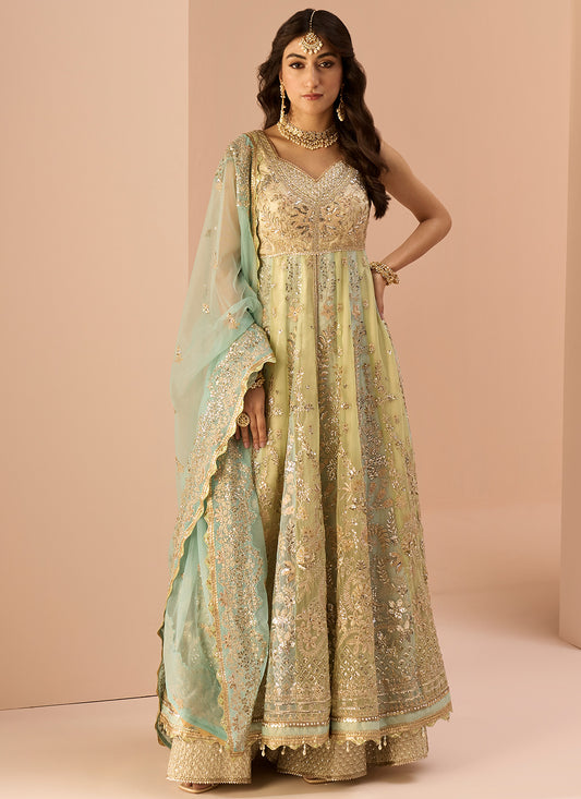 Green and Light Blue Embroidered Anarkali