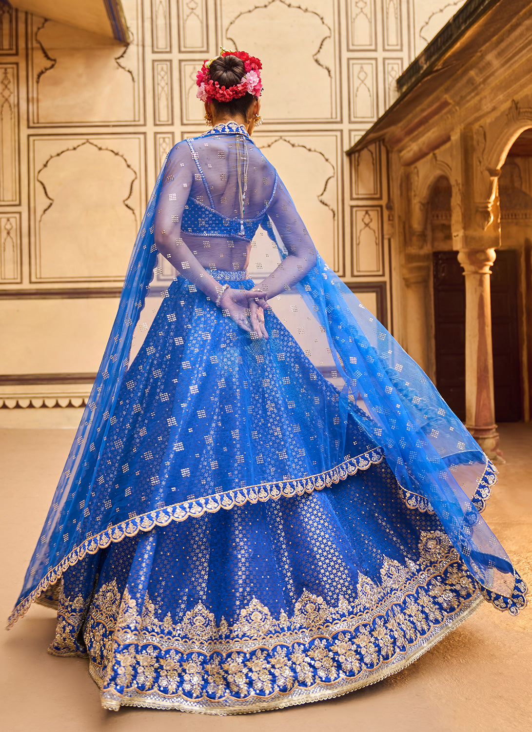 Blue Embroidered Brocade Lehenga