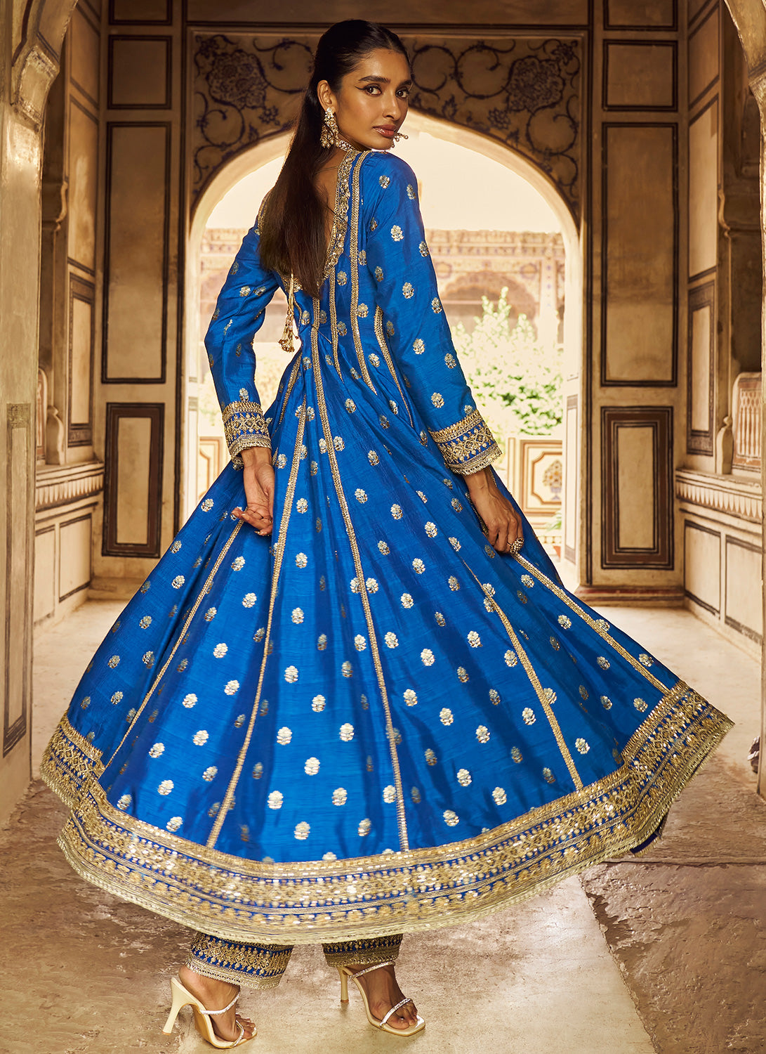 Blue Embroidered Anarkali Style Palazzo