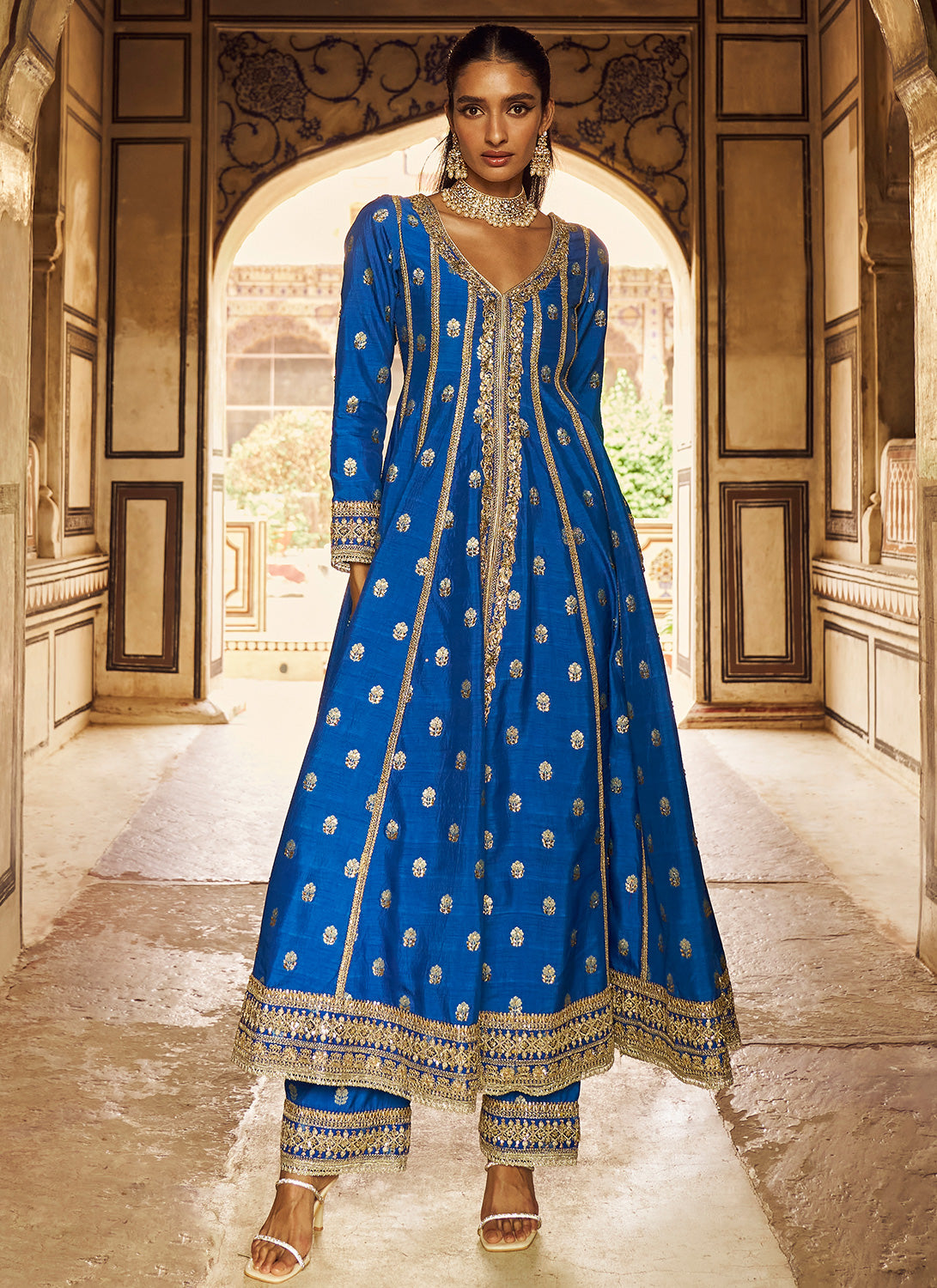 Blue Embroidered Anarkali Style Palazzo