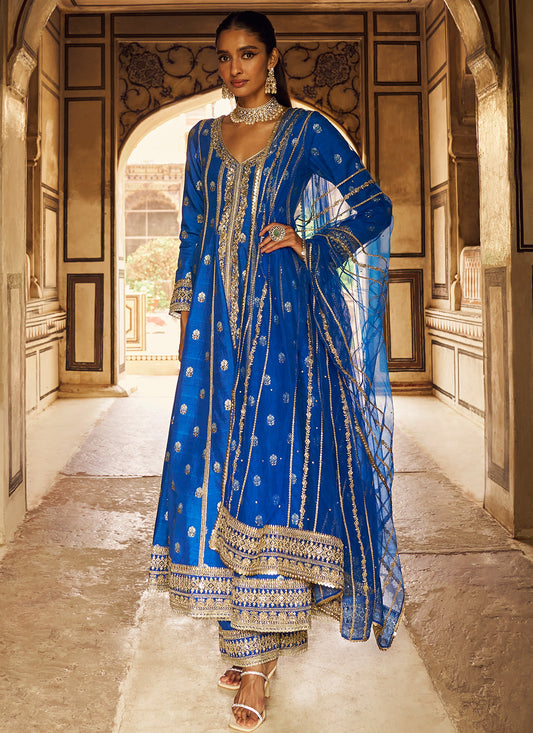 Blue Embroidered Anarkali Style Palazzo