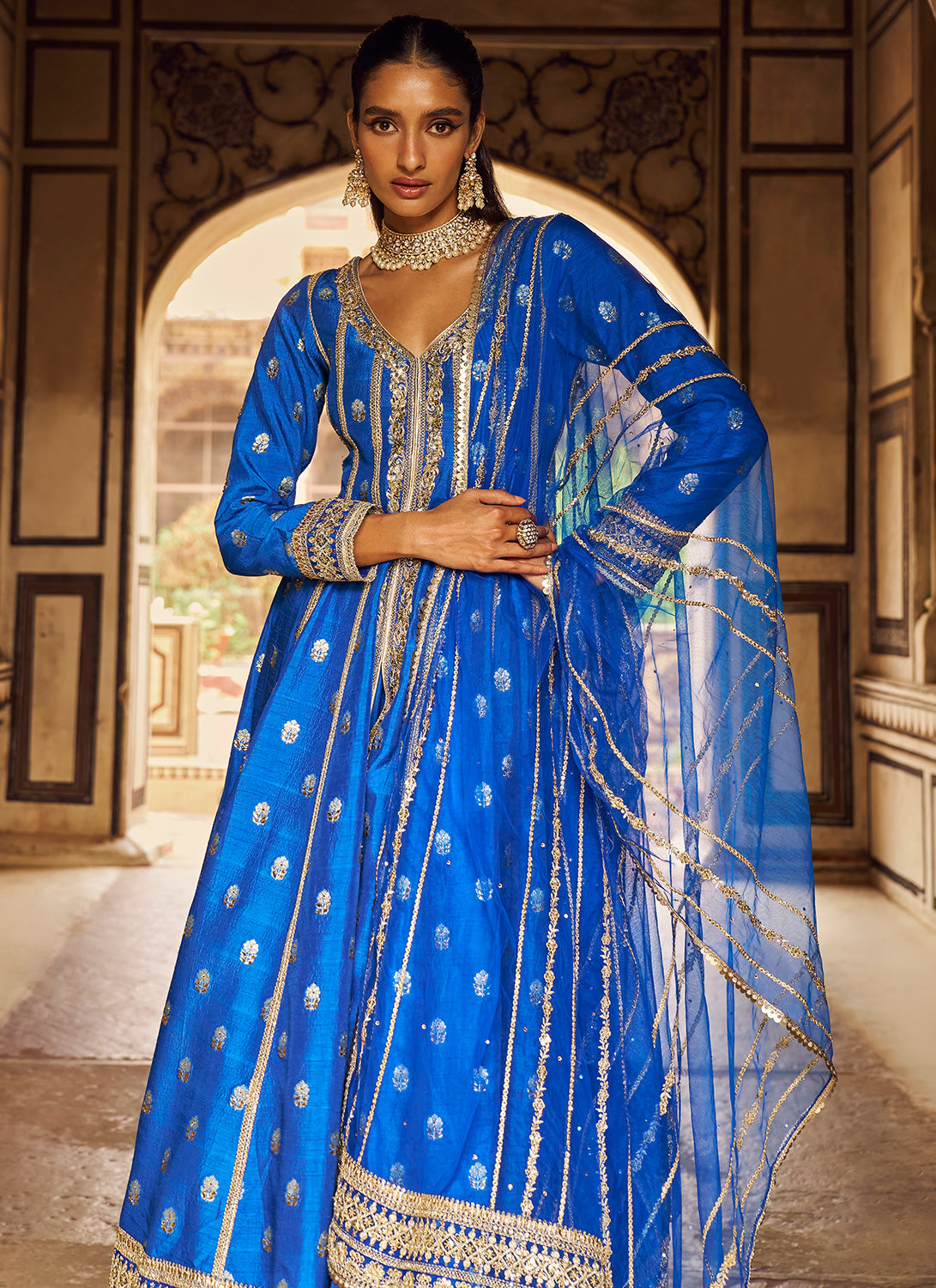 Blue Embroidered Anarkali Style Palazzo