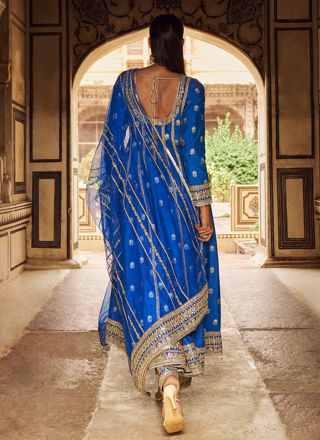 Blue Embroidered Anarkali Style Palazzo