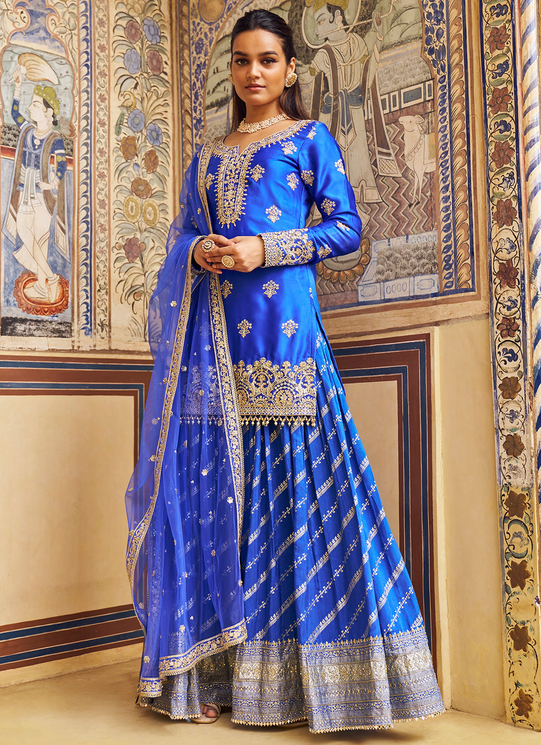 Blue Embroidered Brocade Sharara Suit