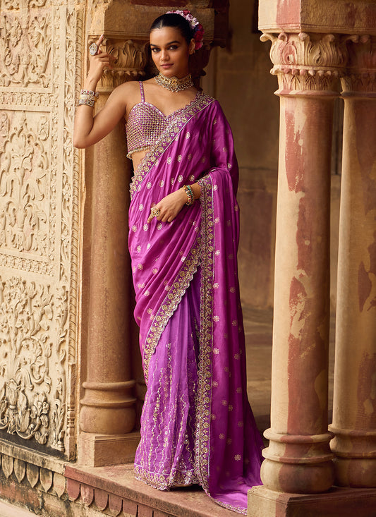 Purple Embroidered Brocade Saree