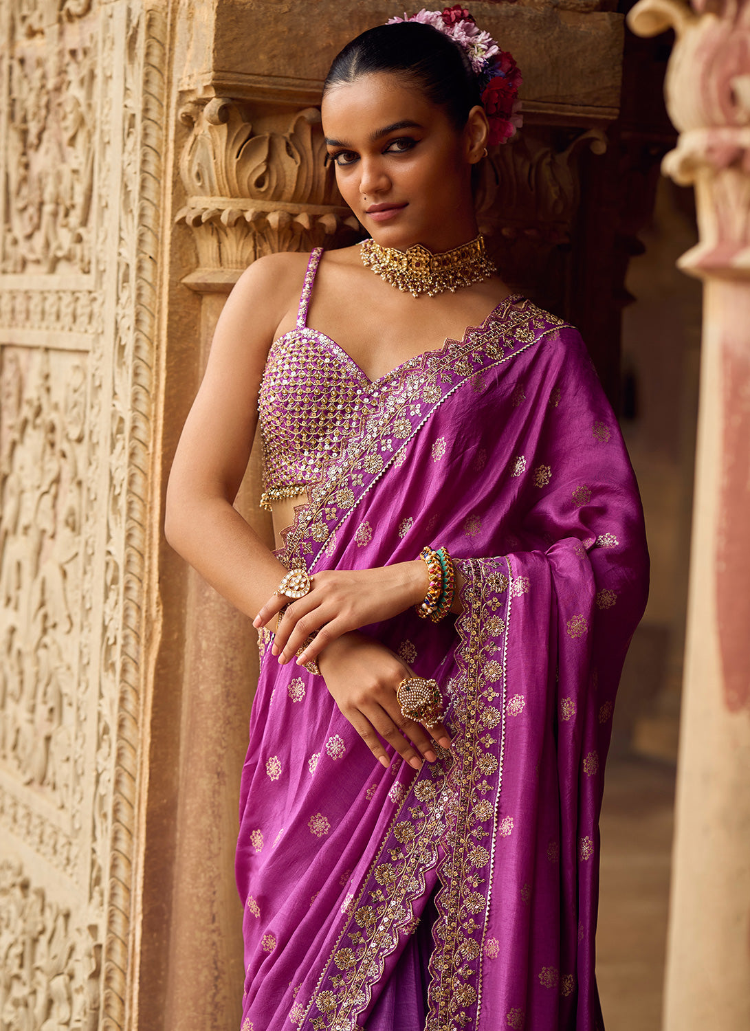 Purple Embroidered Brocade Saree