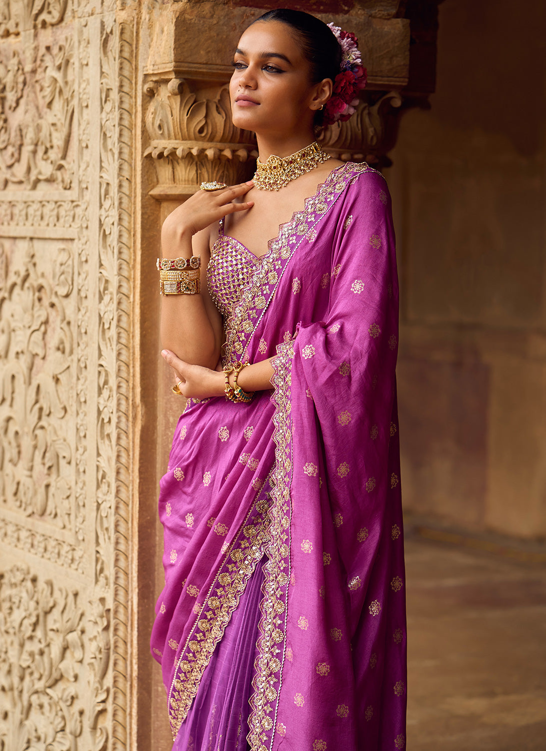 Purple Embroidered Brocade Saree