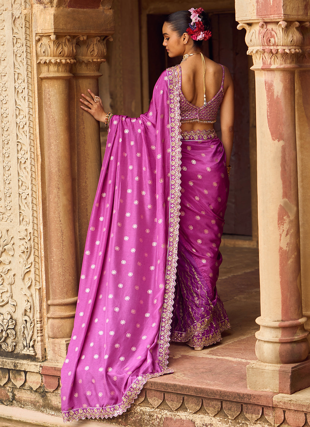 Purple Embroidered Brocade Saree