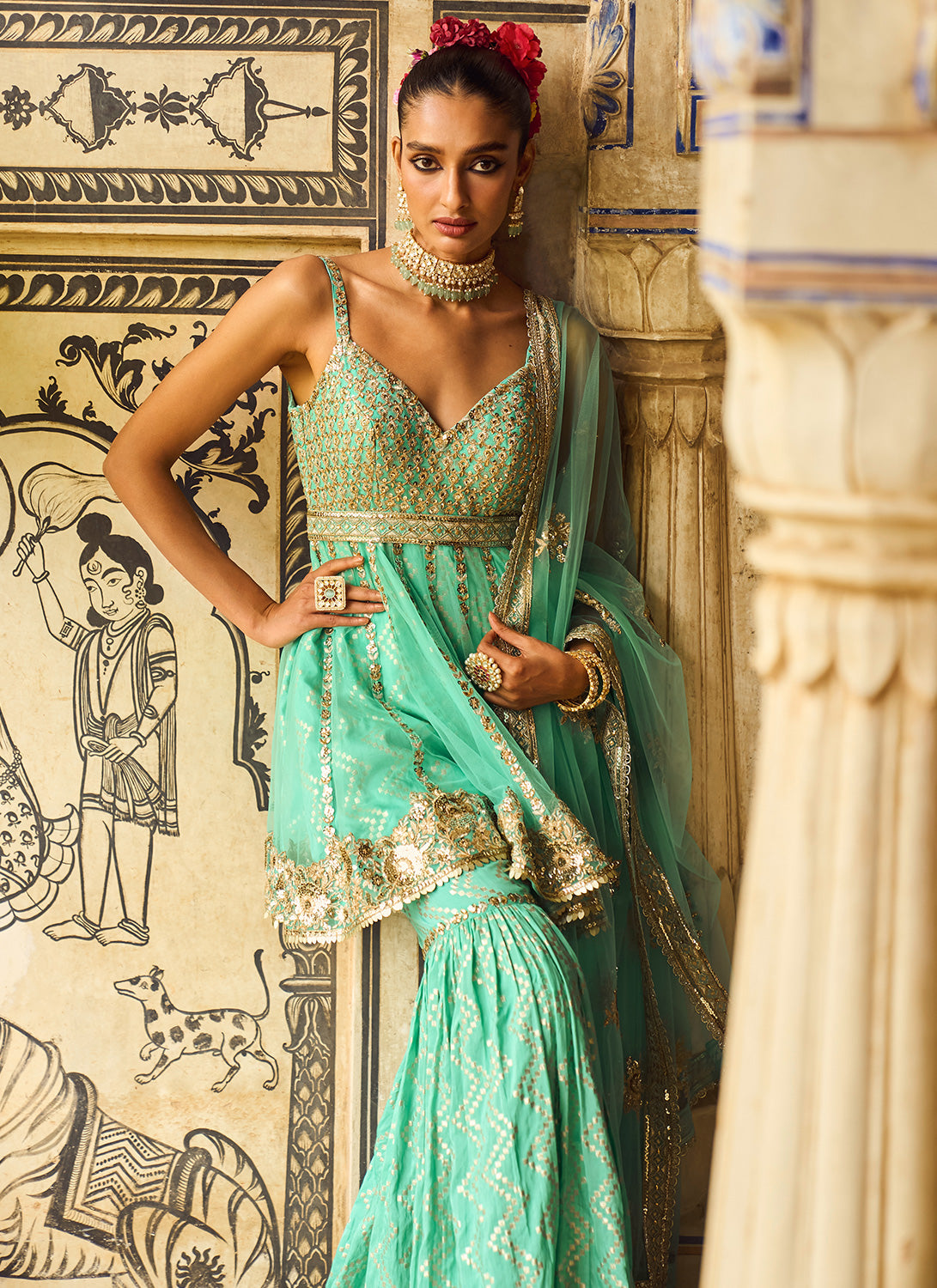 Mint Embroidered Peplum Style Gharara