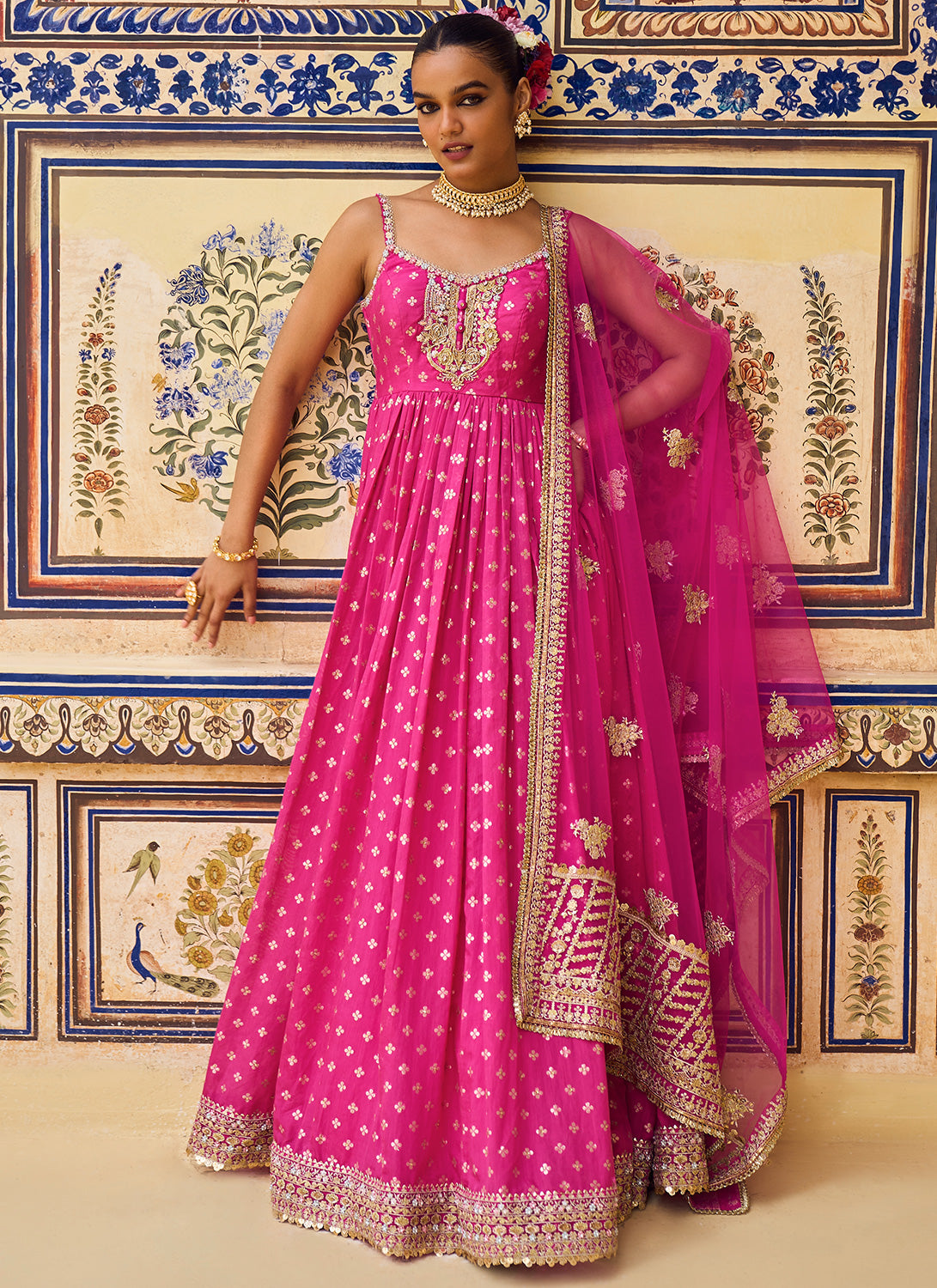 Hot Pink Embroidered Brocade Anarkali