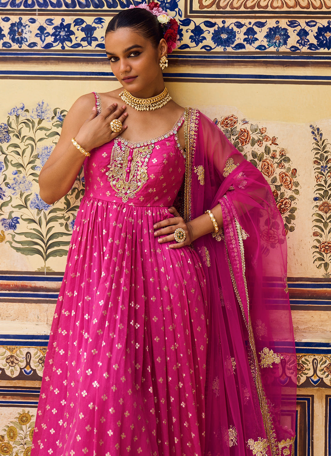 Hot Pink Hand Embroidered Brocade Anarkali