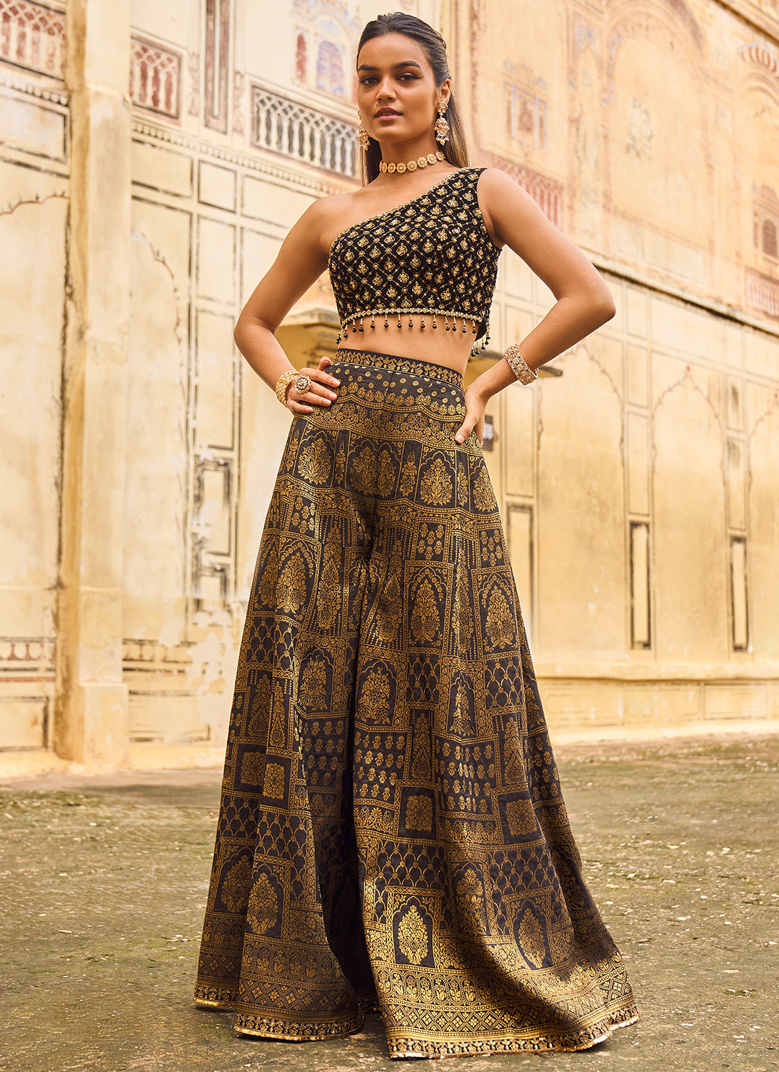 Black and Gold Embroidered Pant Set