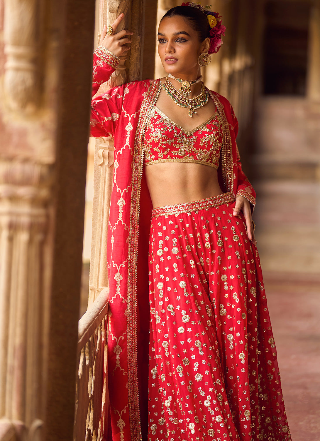 Red and Gold Embroidered Pant Set With Jacket