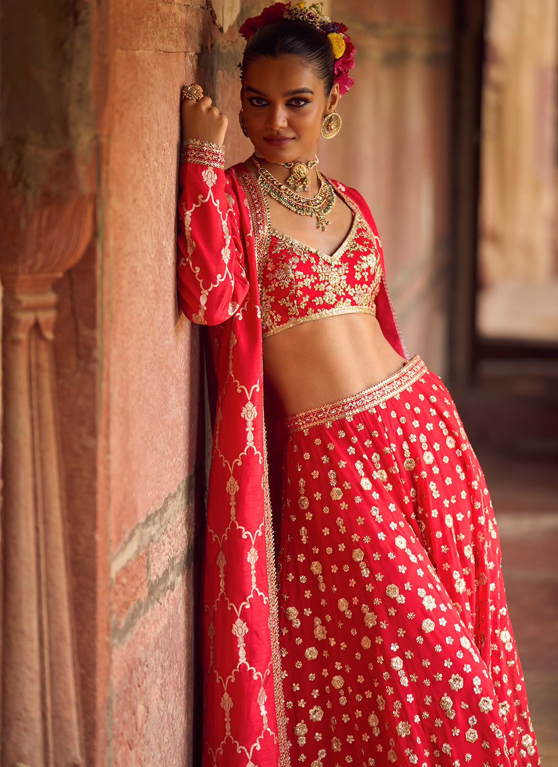 Red and Gold Embroidered Pant Set With Jacket