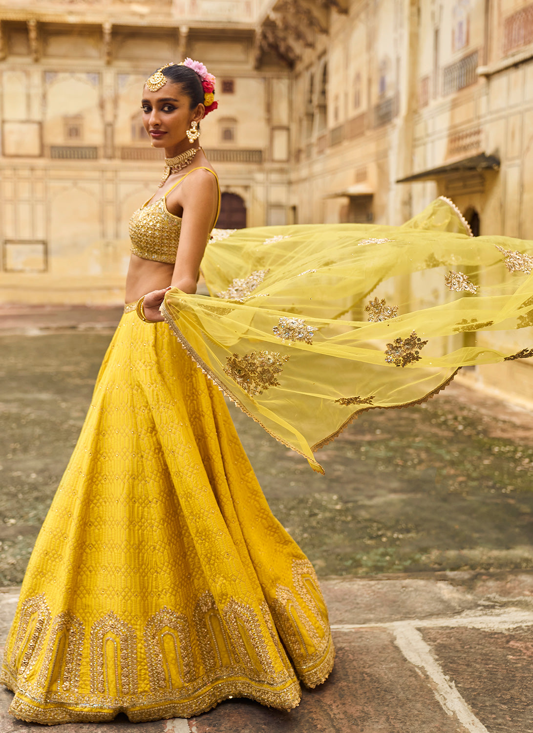 Yellow Embroidered Brocade Lehenga