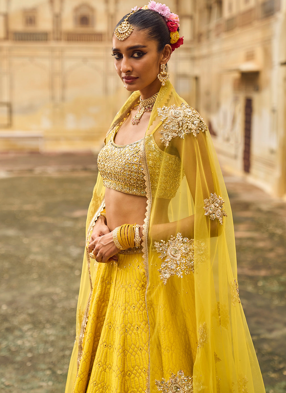 Yellow Embroidered Brocade Lehenga