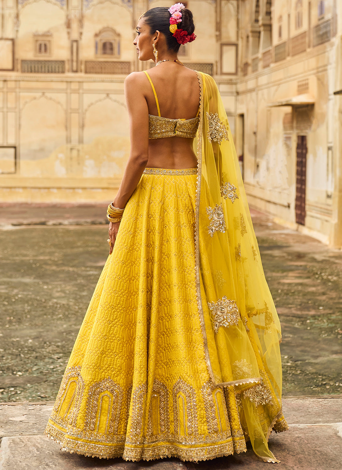 Yellow Embroidered Brocade Lehenga