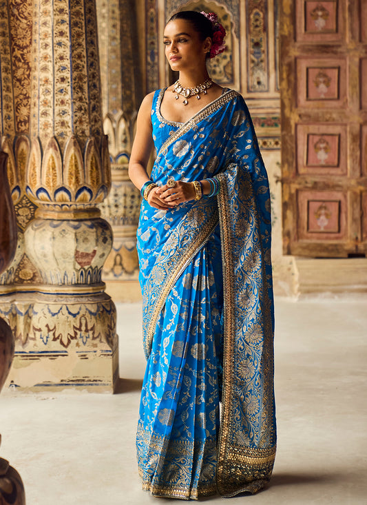 Blue Embroidered Brocade Saree