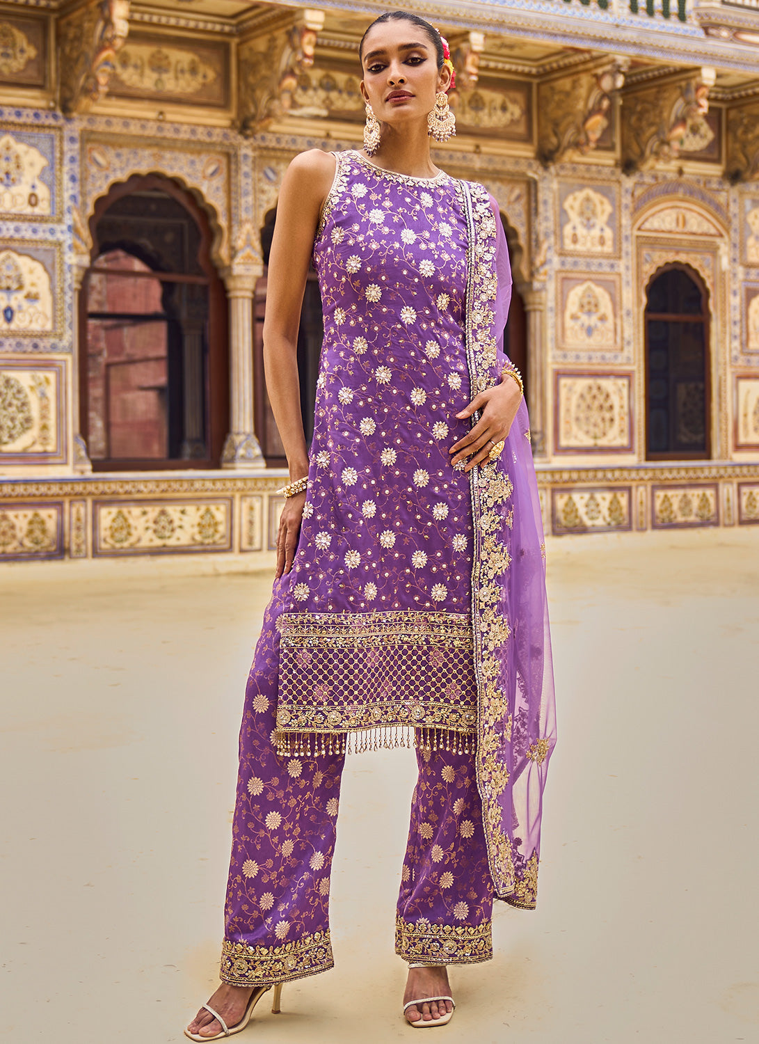 Purple and Gold Hand Embroidered Palazzo Suit
