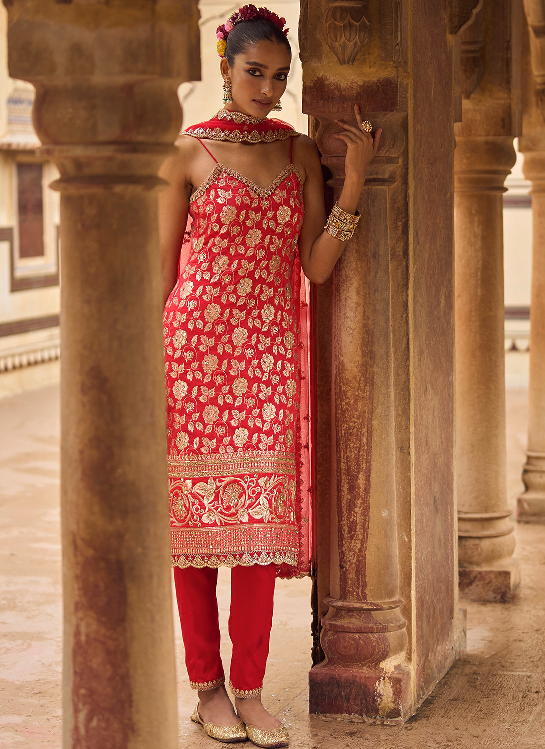 Red and Gold Hand Embroidered Straight Suit