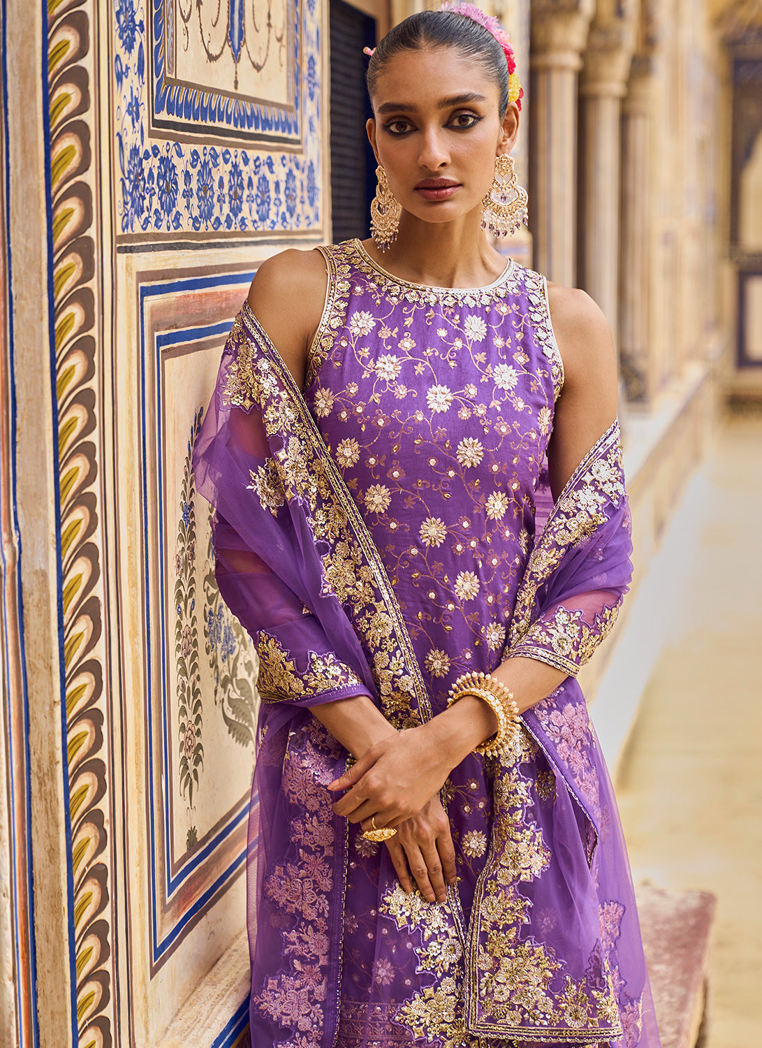 Purple and Gold Hand Embroidered Palazzo Suit