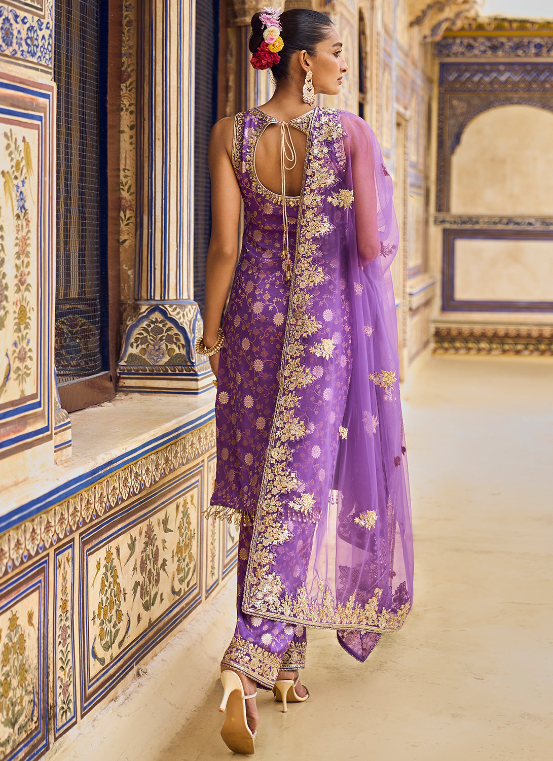 Purple and Gold Hand Embroidered Palazzo Suit
