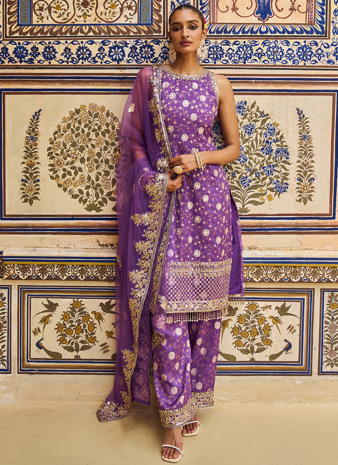 Purple and Gold Hand Embroidered Palazzo Suit