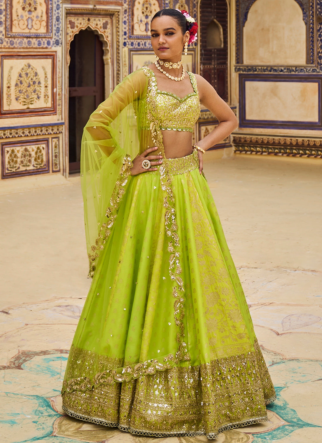 Lime Green Embroidered Lehenga