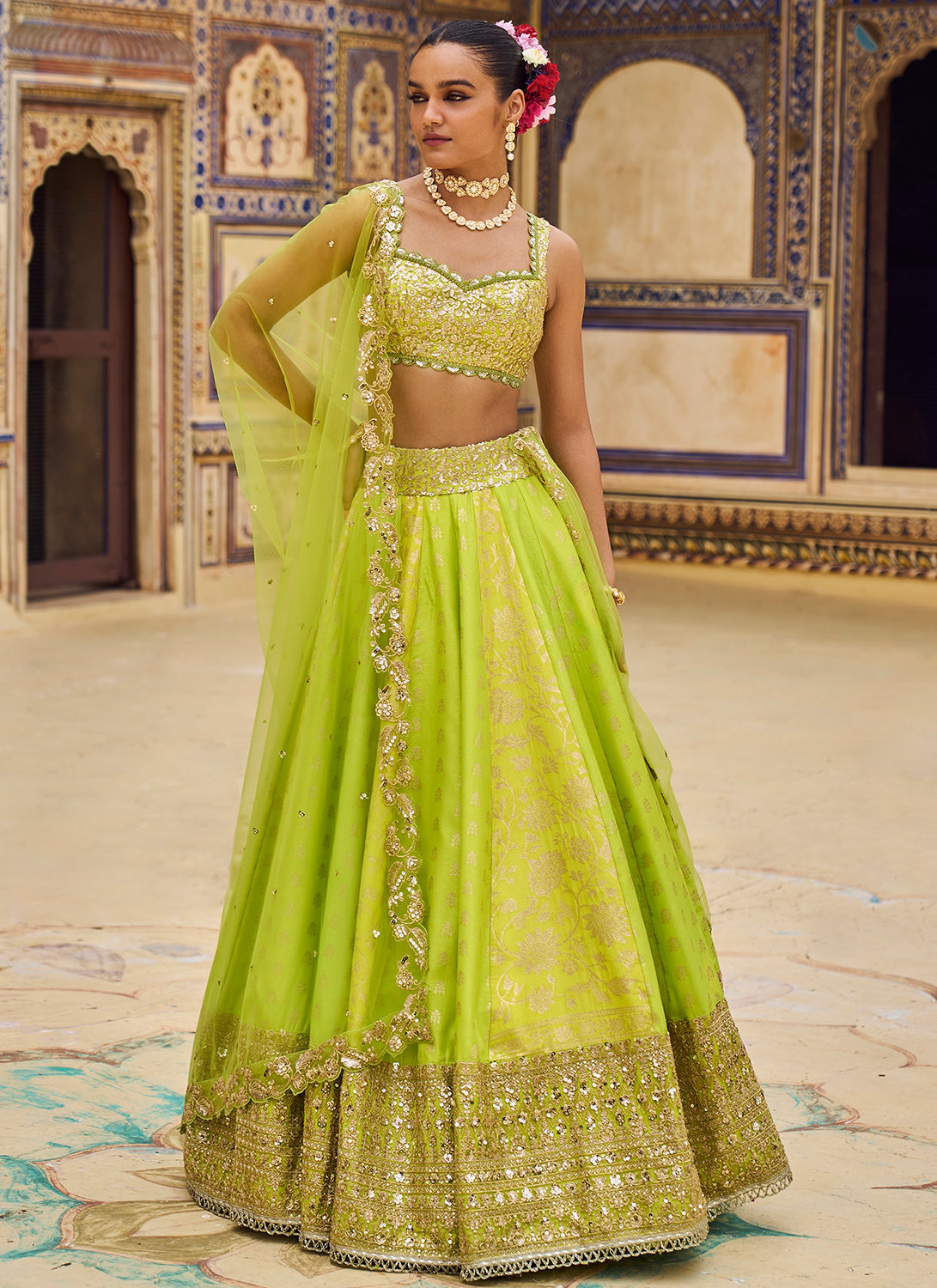 Lime Green Embroidered Lehenga