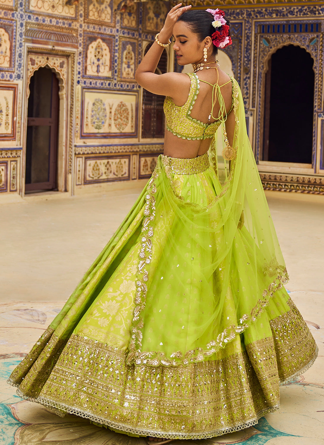 Lime Green Embroidered Lehenga