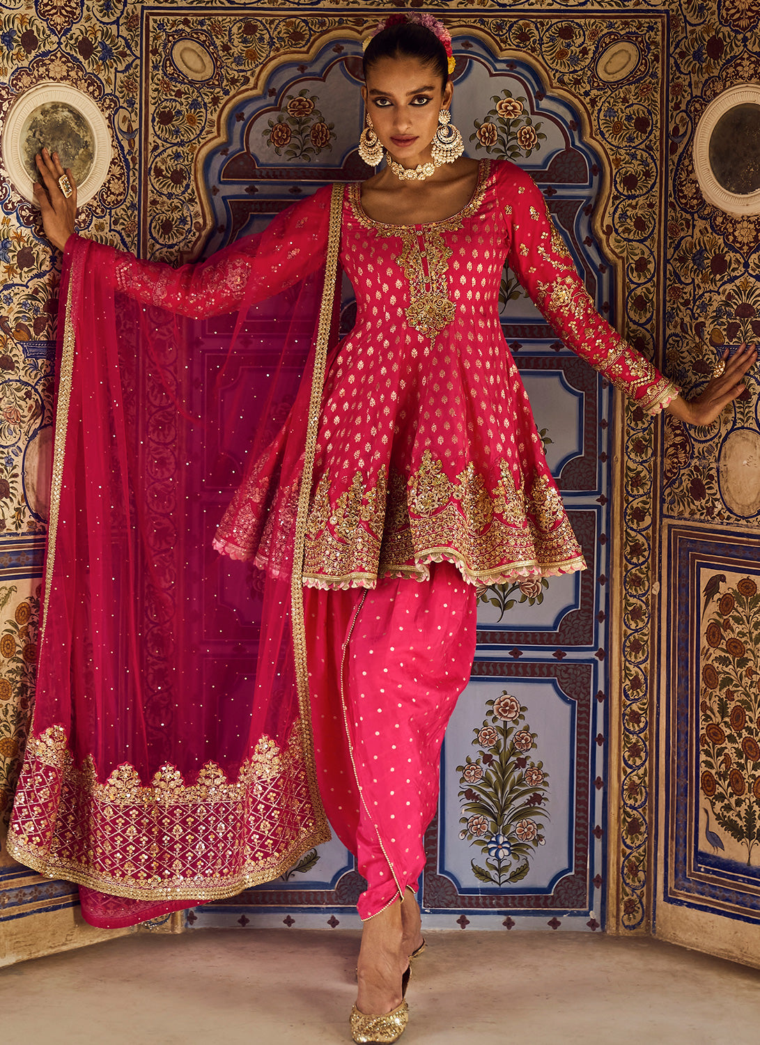 Hot Pink Embroidered Dhoti Style Punjabi Suit