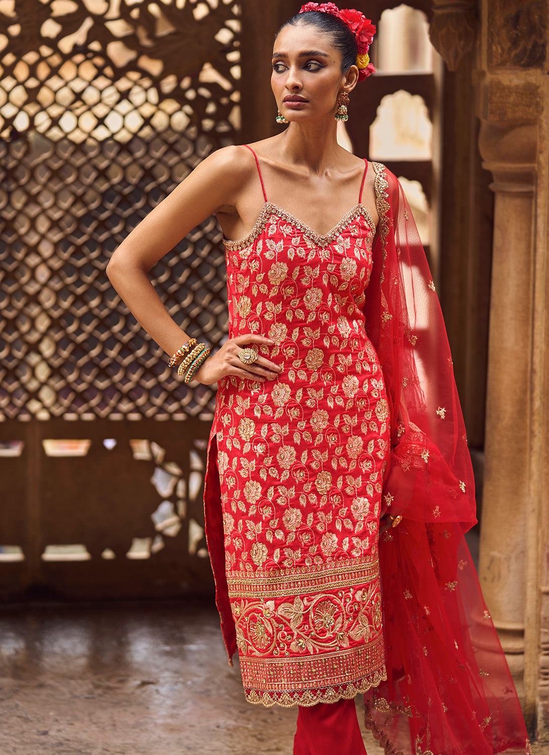 Red and Gold Hand Embroidered Straight Suit