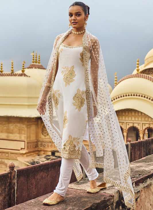 White and Gold Hand Embroidered Straight Suit