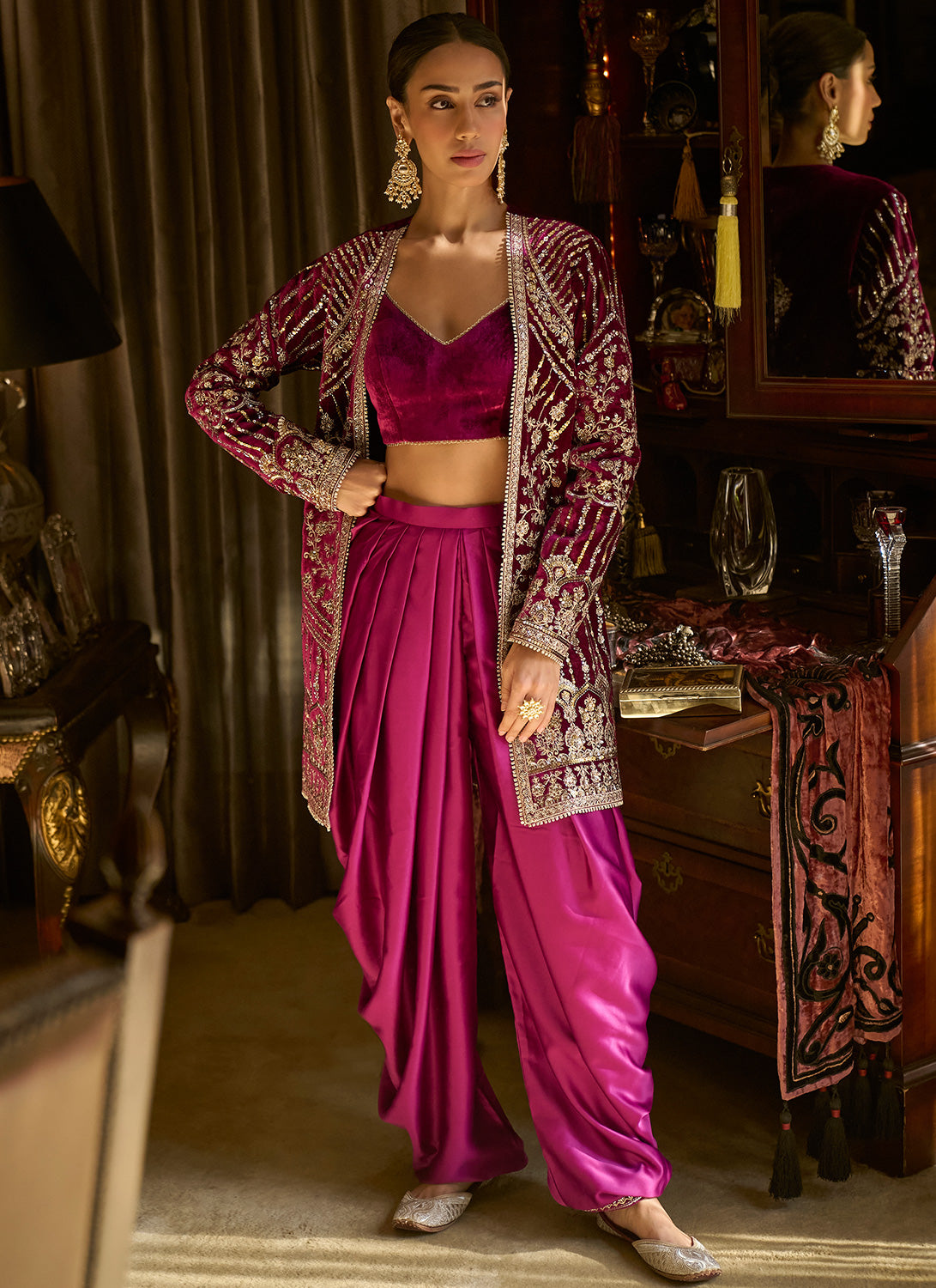 Magenta Embroidered Velvet Suit With Jacket