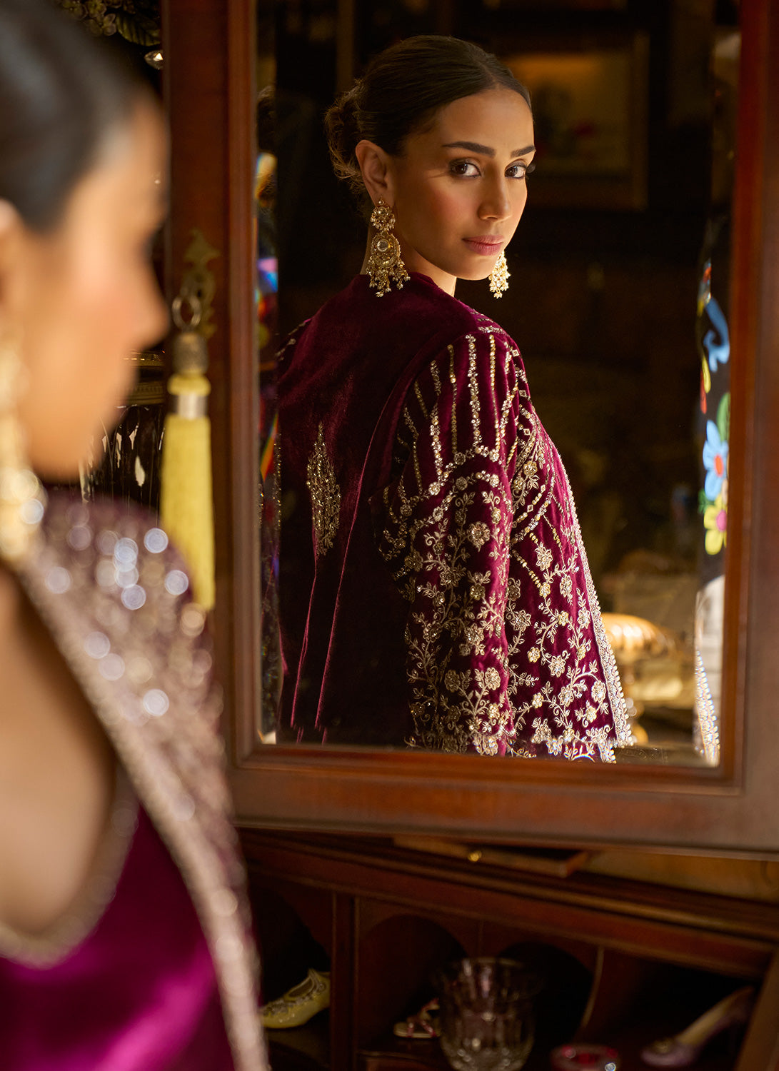 Magenta Embroidered Velvet Suit With Jacket