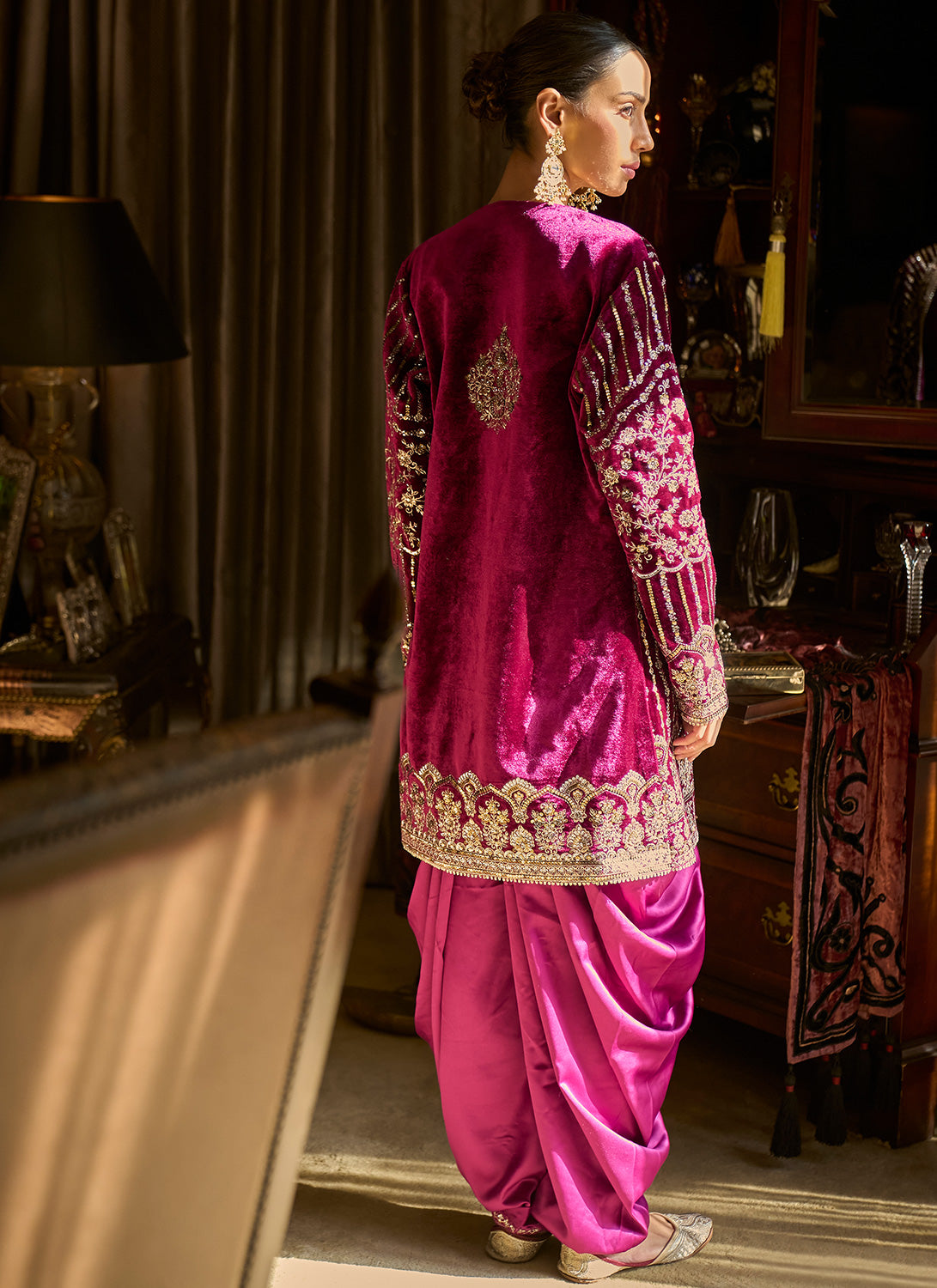 Magenta Embroidered Velvet Suit With Jacket