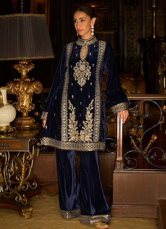 Blue Embroidered Velvet Pant Suit